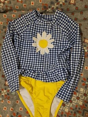 Little Me Navy Gingham Rashguard with Yellow Daisy and Yellow Bottoms